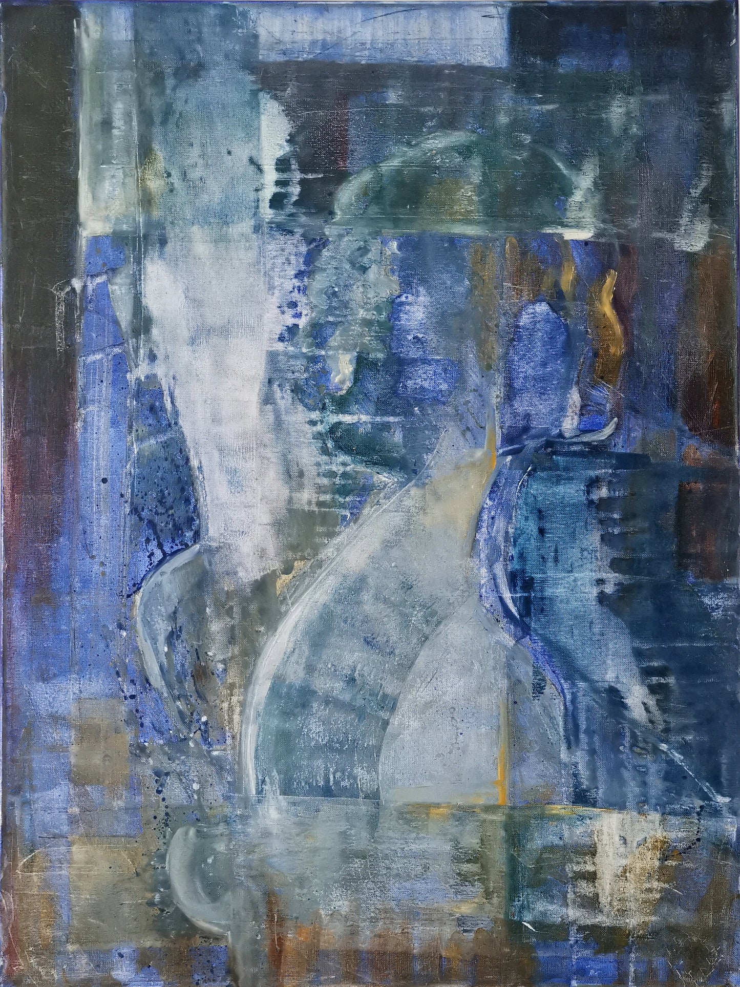 An abstract oil painting on canvas with predominantly blue tones, featuring a female figure silhouette.
