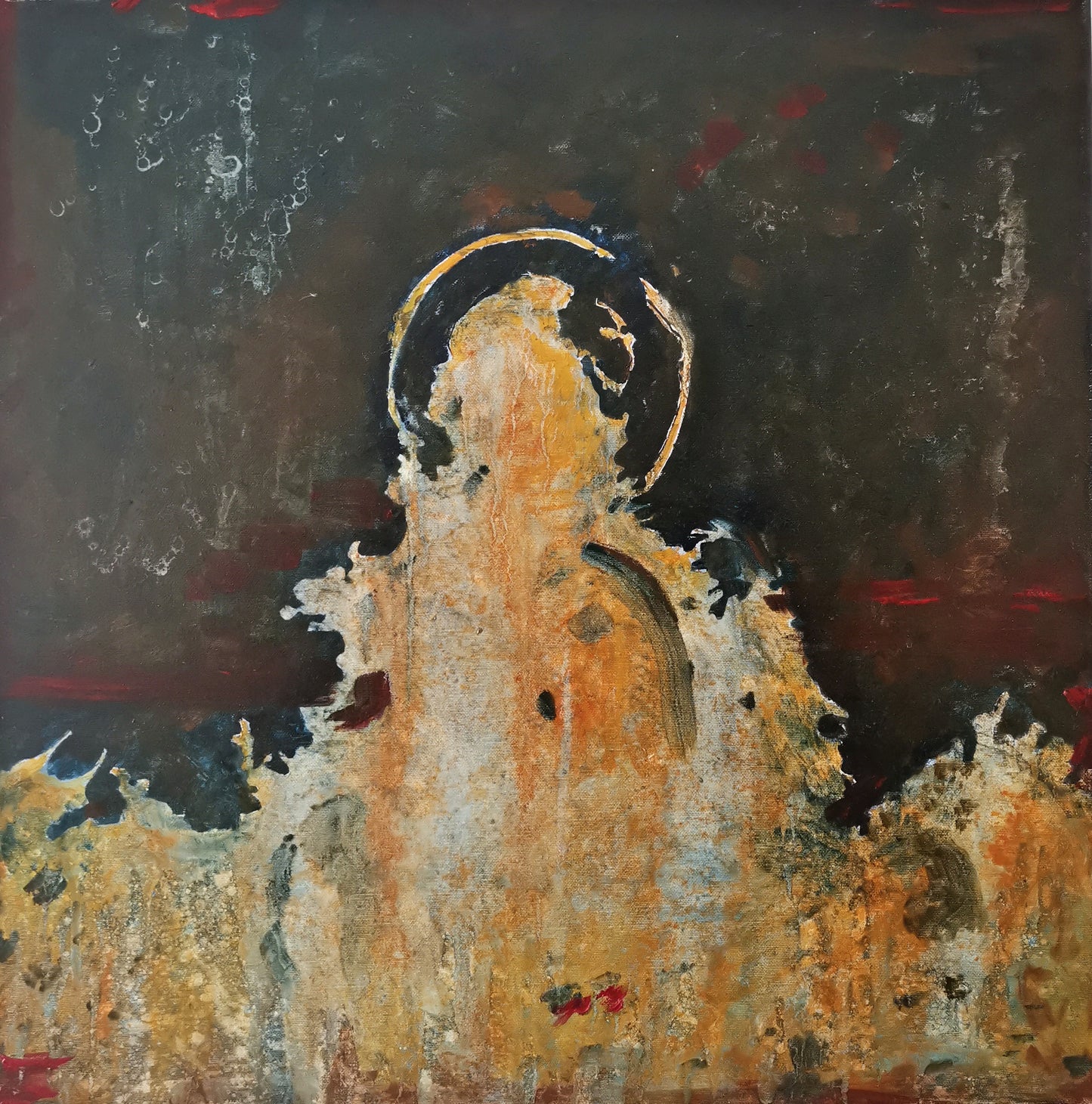 An oil painting on canvas featuring a figure with a halo-like aura above, set against a dark background with a red and yellow fire-like glow.