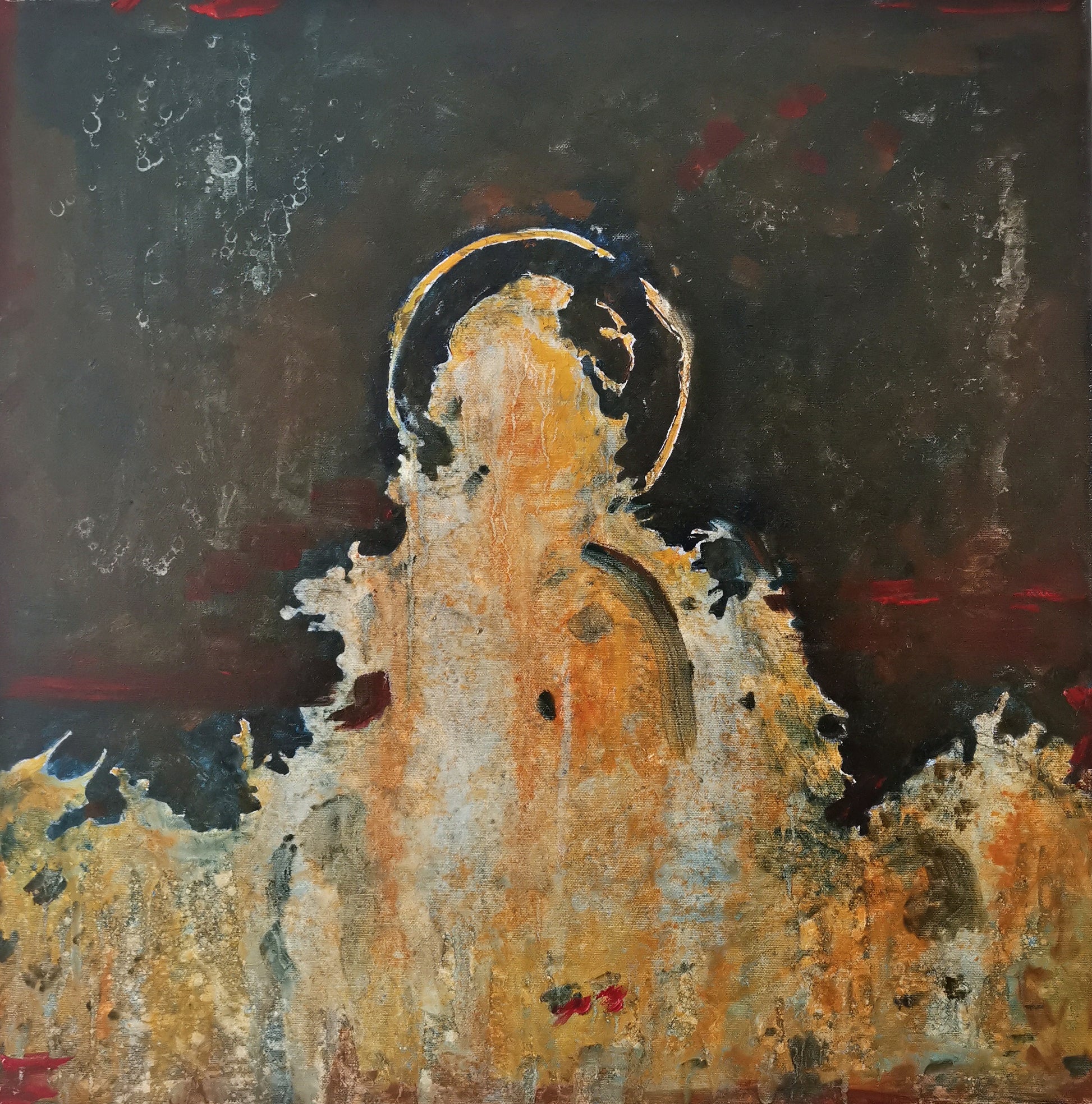 An oil painting on canvas featuring a figure with a halo-like aura above, set against a dark background with a red and yellow fire-like glow.