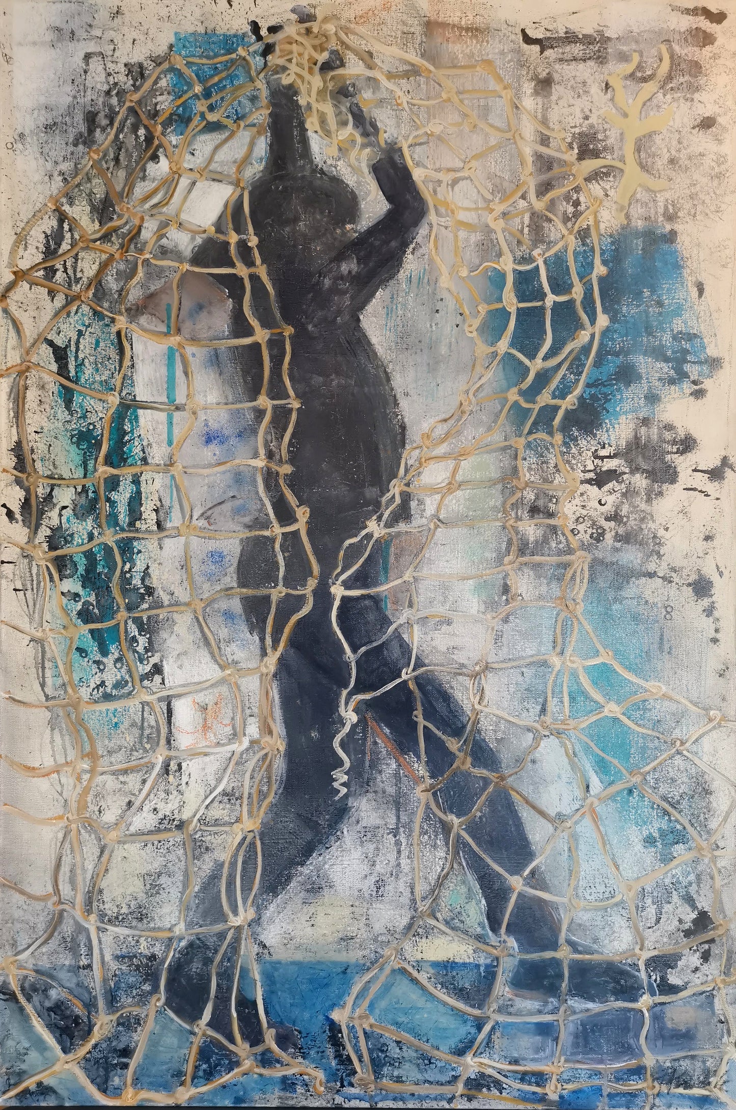 A oil on canvas painting depicting the stark black silhouette of a girl entwined in a fisher net, with abstract marks in blue, grey, and cream in the background.