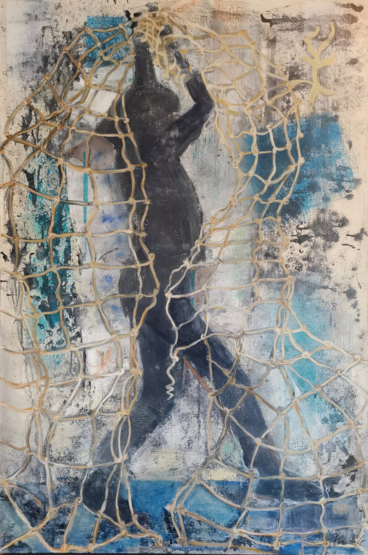 A oil on canvas painting depicting the stark black silhouette of a girl entwined in a fisher net, with abstract marks in blue, grey, and cream in the background.
