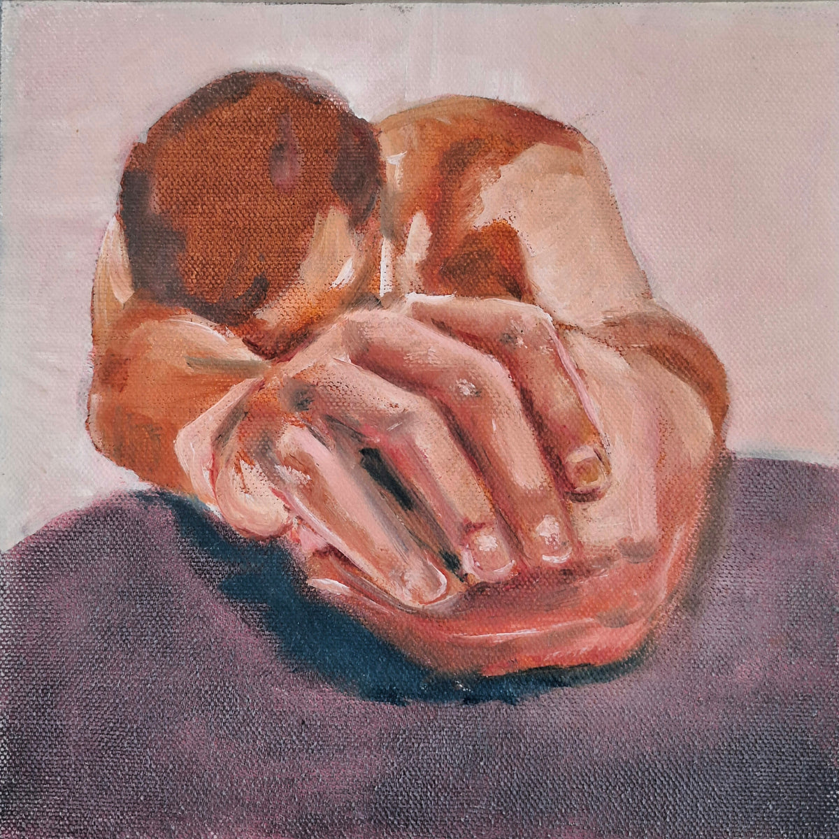 An oil painting of a person curled inward with their head resting on their arms, rendered in warm skin tones and brown against a muted lavender-gray background.