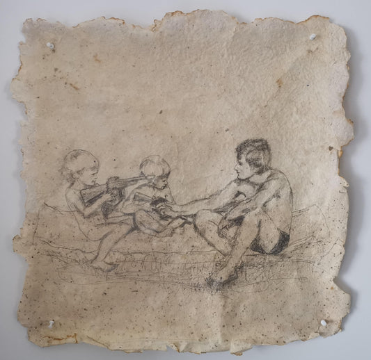 A square piece of aged, hand-drawn paper featuring a sepia pencil sketch of three children sitting in a boat, photographed against a neutral light gray background.