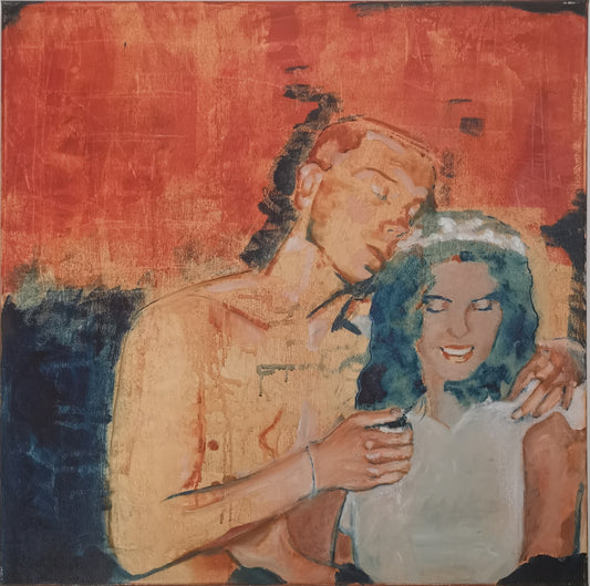 A oil on canvas painting depicting a man and a woman standing close together, with warm red and blue tones in the background.