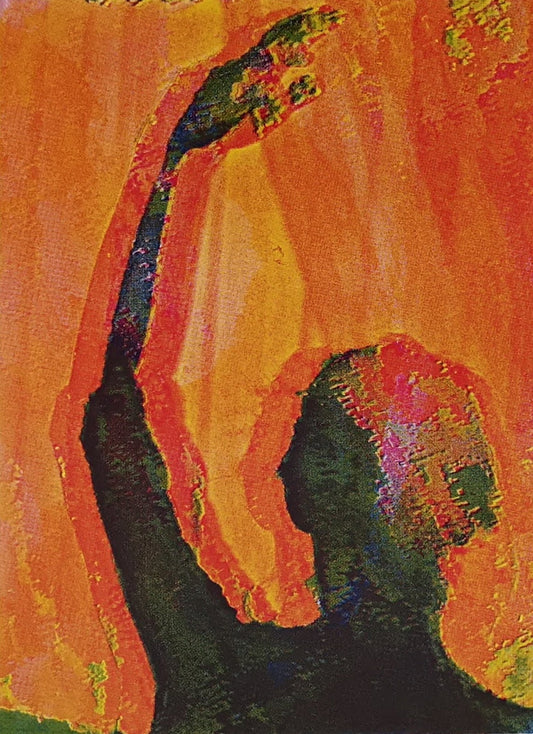 Abstract painting of a dancer with one arm raised, rendered in expressive brushstrokes of orange, yellow, red, green, and black.
