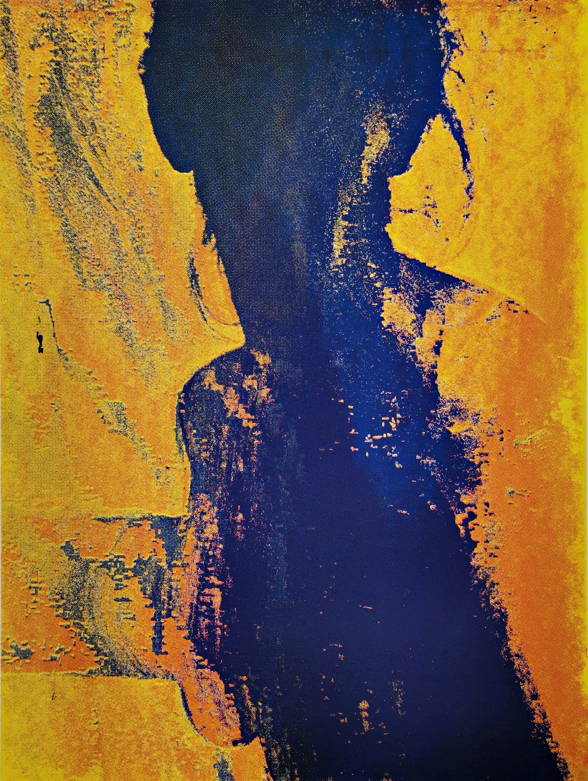 Abstract painting of a woman's silhouette in deep blue, set against a textured golden-yellow background.