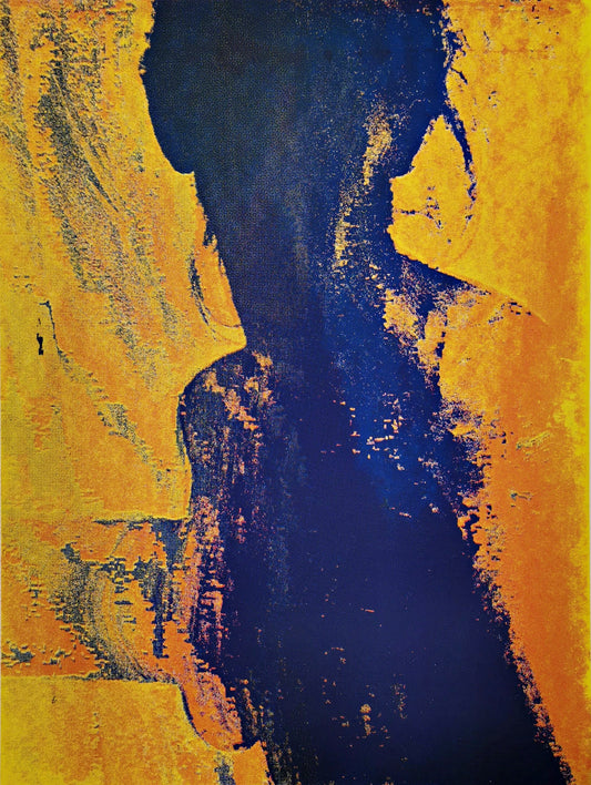 Abstract painting of a woman's silhouette in deep blue, set against a textured golden-yellow background.