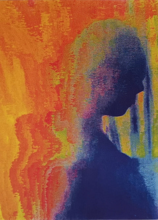 Abstract portrait painting of a woman's silhouette in deep blue and purple tones, set against a textured background of orange, yellow, and red brushstrokes.