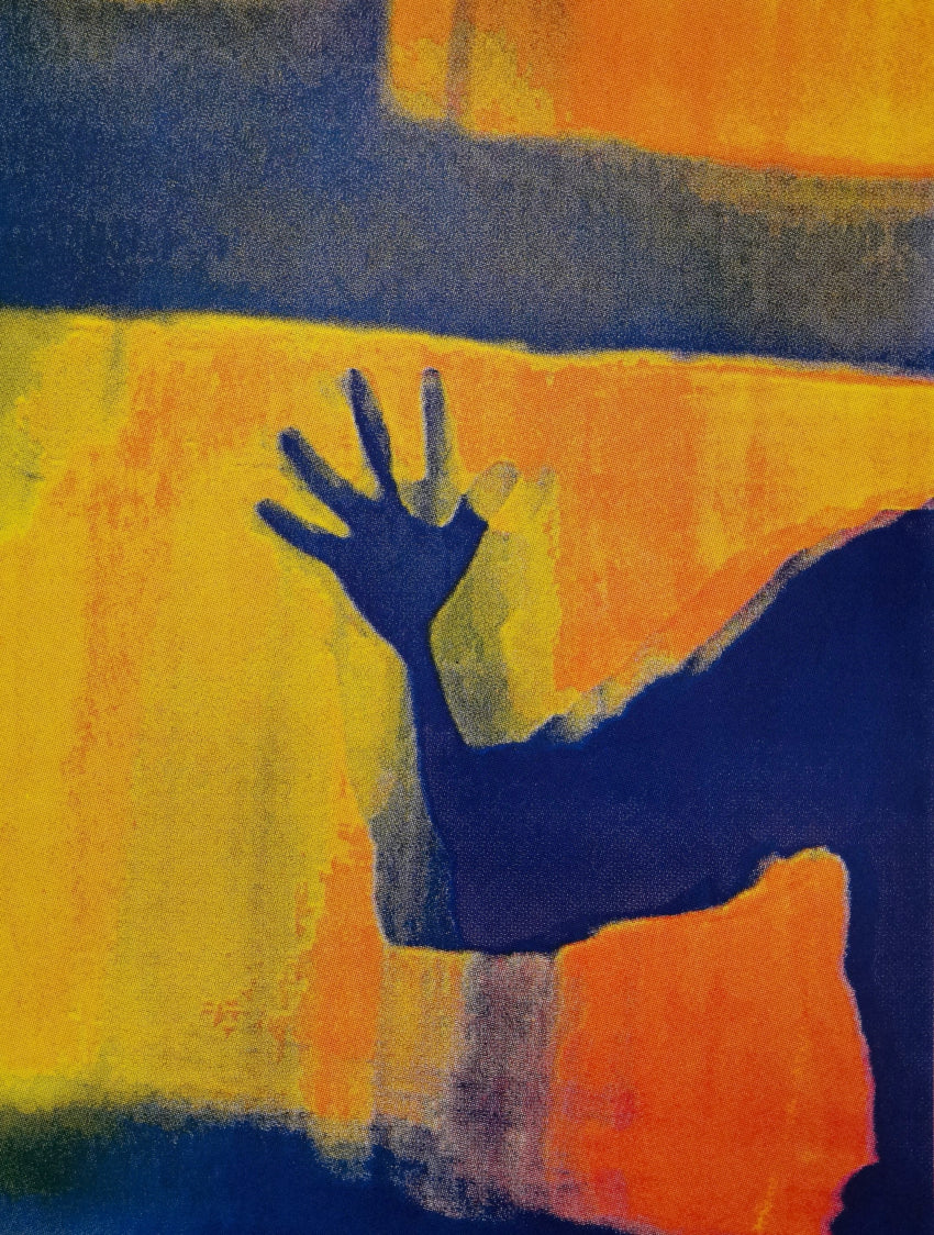 Abstract painting featuring a dark blue silhouette of a raised hand against a textured background of yellow, orange, and dark blue blocks.