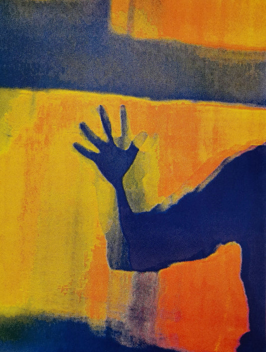 Abstract painting featuring a dark blue silhouette of a raised hand against a textured background of yellow, orange, and dark blue blocks.