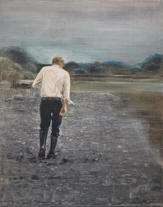 Oil painting on linen canvas depicting a tall, slender figure walking along a rocky river shore, dressed in a white shirt, black trousers, and long wellies, holding something in hand, with a serene landscape in the background.