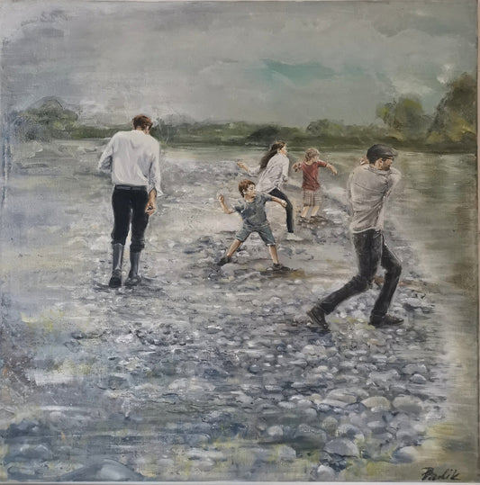 A painting depicting several individuals on a beach, with the central figure choosing not to skip a stone, representing a moment of contemplation or inaction.