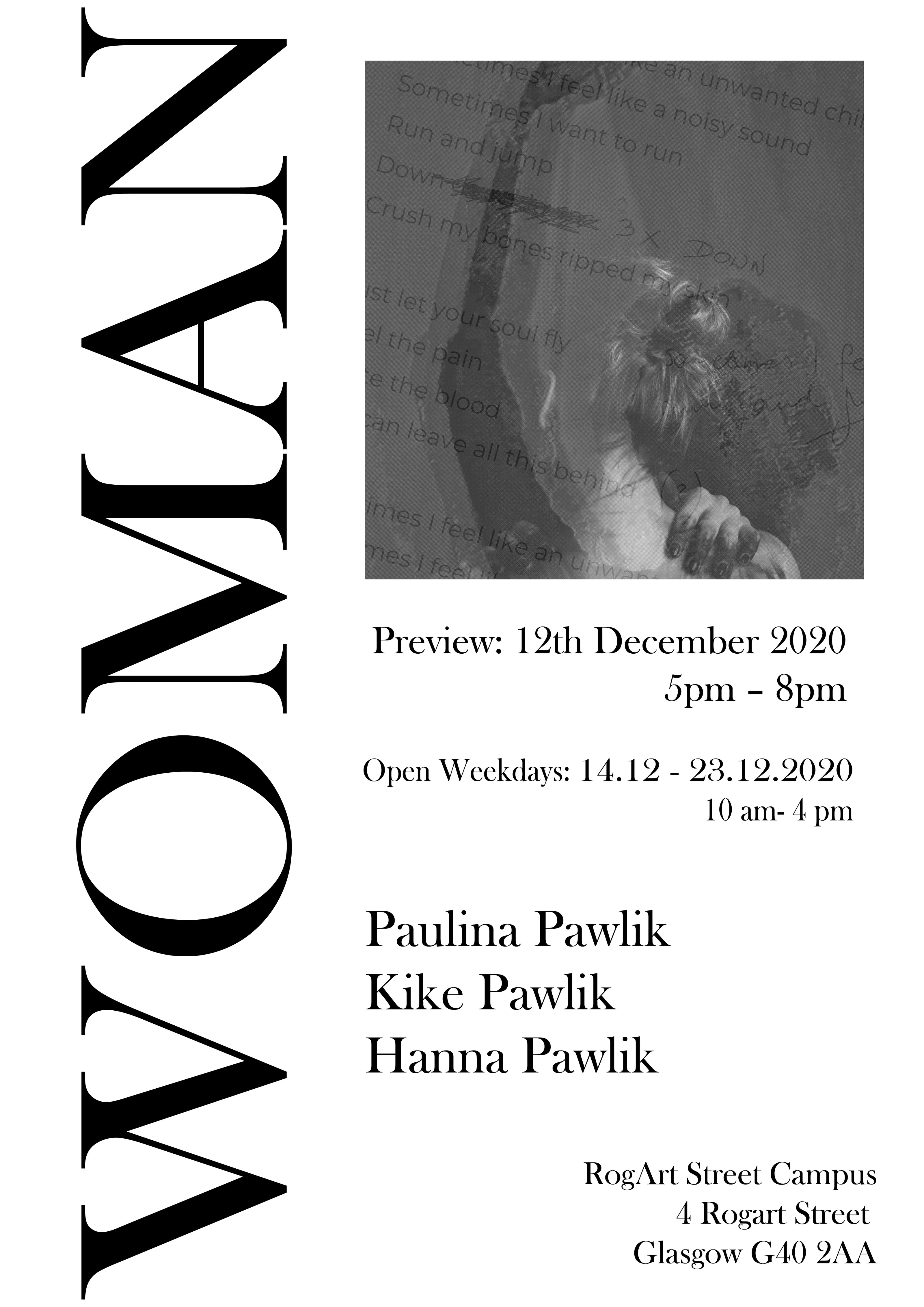 Poster for an art exhibition featuring 'Woman' by Paulina Pawlik, Kike Pawlik, and Hanna Pawlik with event details.