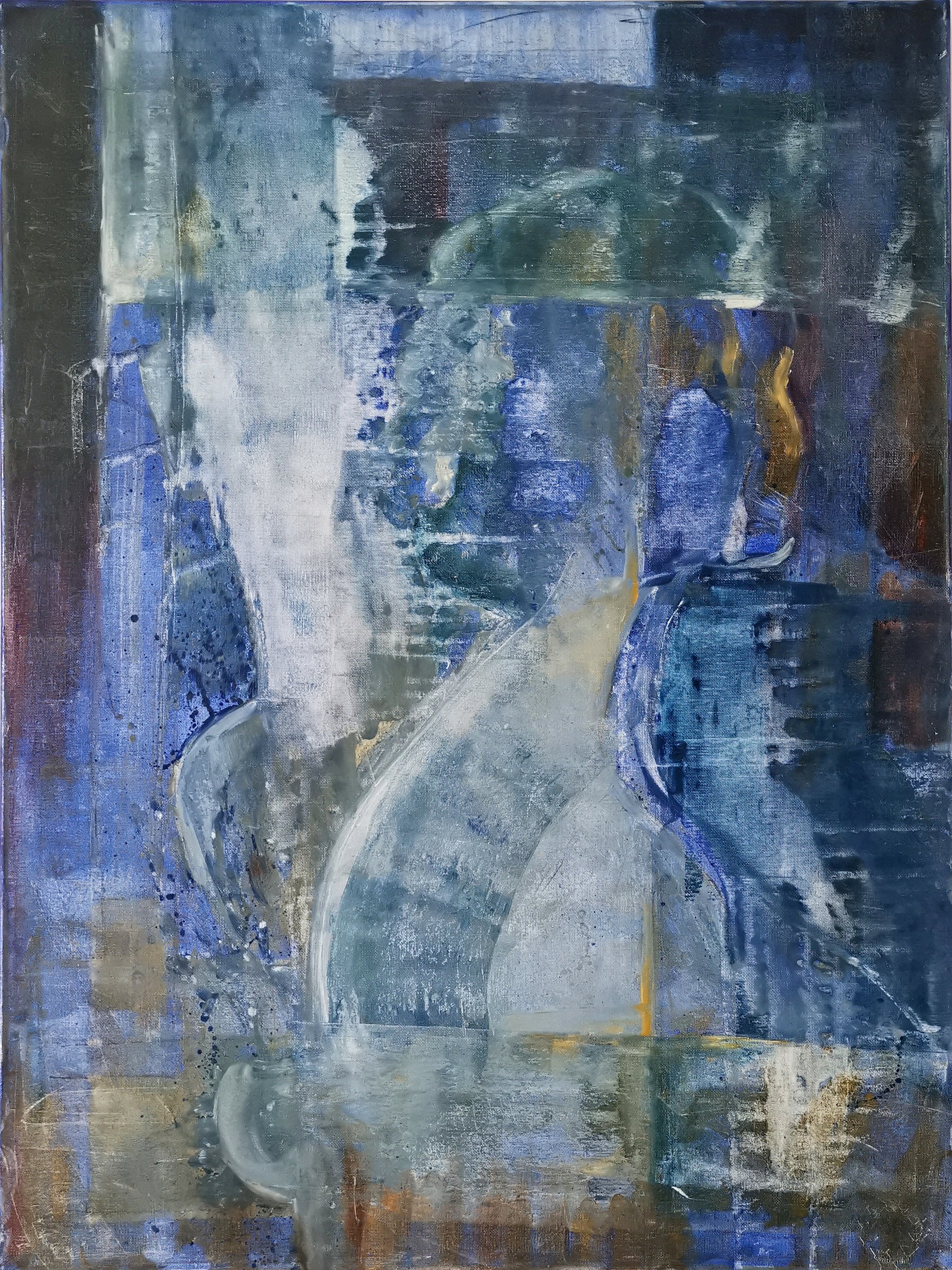 An abstract oil painting on canvas with predominantly blue tones, featuring a female figure silhouette.