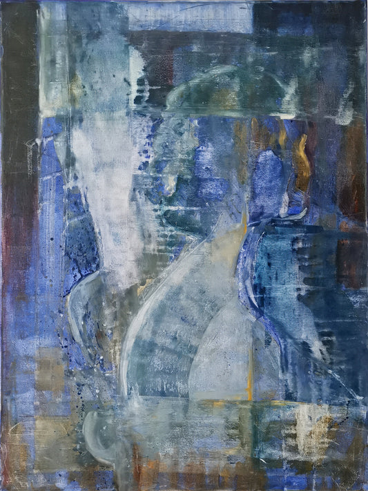 An abstract oil painting on canvas with predominantly blue tones, featuring a female figure silhouette.