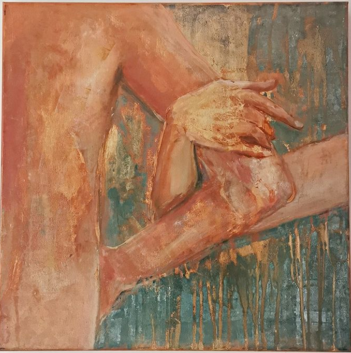 An oil painting depicting a blurred figure of a person's lower body and legs in motion, with a focus on the dance movement and the interaction of colors.