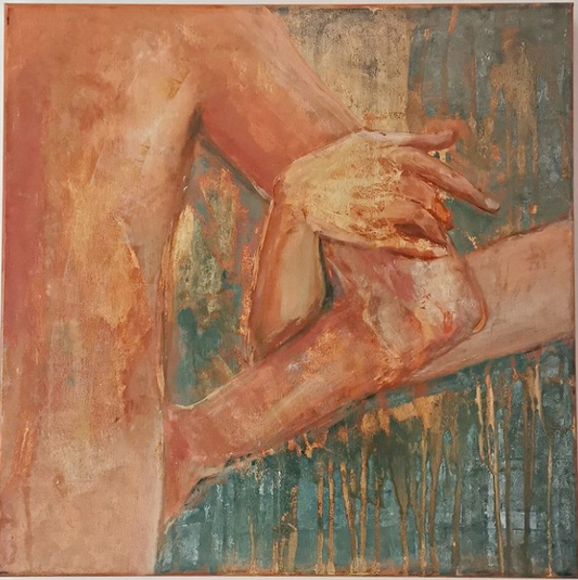 An oil painting depicting a blurred figure of a person's lower body and legs in motion, with a focus on the dance movement and the interaction of colors.